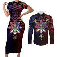 Haiti Philippines Couples Matching Short Sleeve Bodycon Dress and Long Sleeve Button Shirt Haitian Coat Of Arms With Filipino Sun LT05 Black - Polynesian Pride