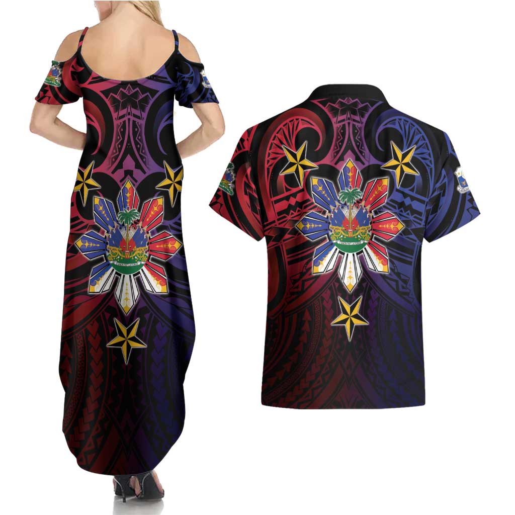 Haiti Philippines Couples Matching Summer Maxi Dress and Hawaiian Shirt Haitian Coat Of Arms With Filipino Sun