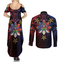 Haiti Philippines Couples Matching Summer Maxi Dress and Long Sleeve Button Shirt Haitian Coat Of Arms With Filipino Sun
