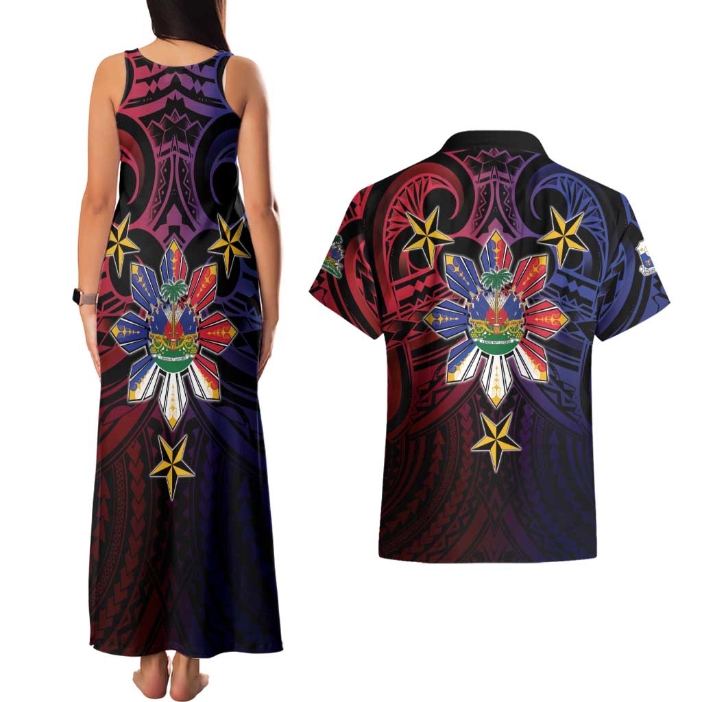 Haiti Philippines Couples Matching Tank Maxi Dress and Hawaiian Shirt Haitian Coat Of Arms With Filipino Sun LT05 - Polynesian Pride