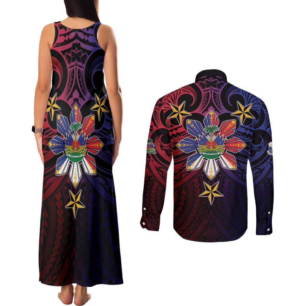Haiti Philippines Couples Matching Tank Maxi Dress and Long Sleeve Button Shirt Haitian Coat Of Arms With Filipino Sun
