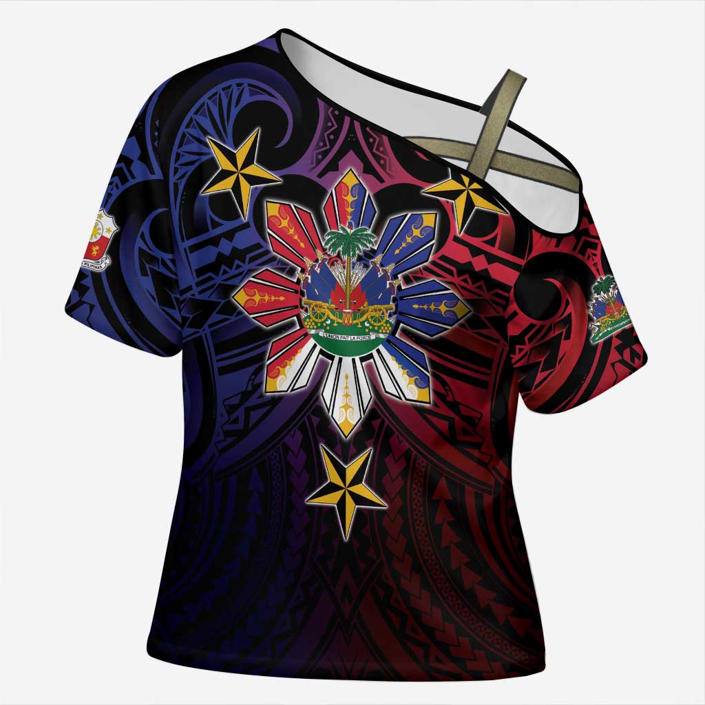 Haiti Philippines Cross Shoulder Shirt Haitian Coat Of Arms With Filipino Sun LT05 Female Black - Polynesian Pride