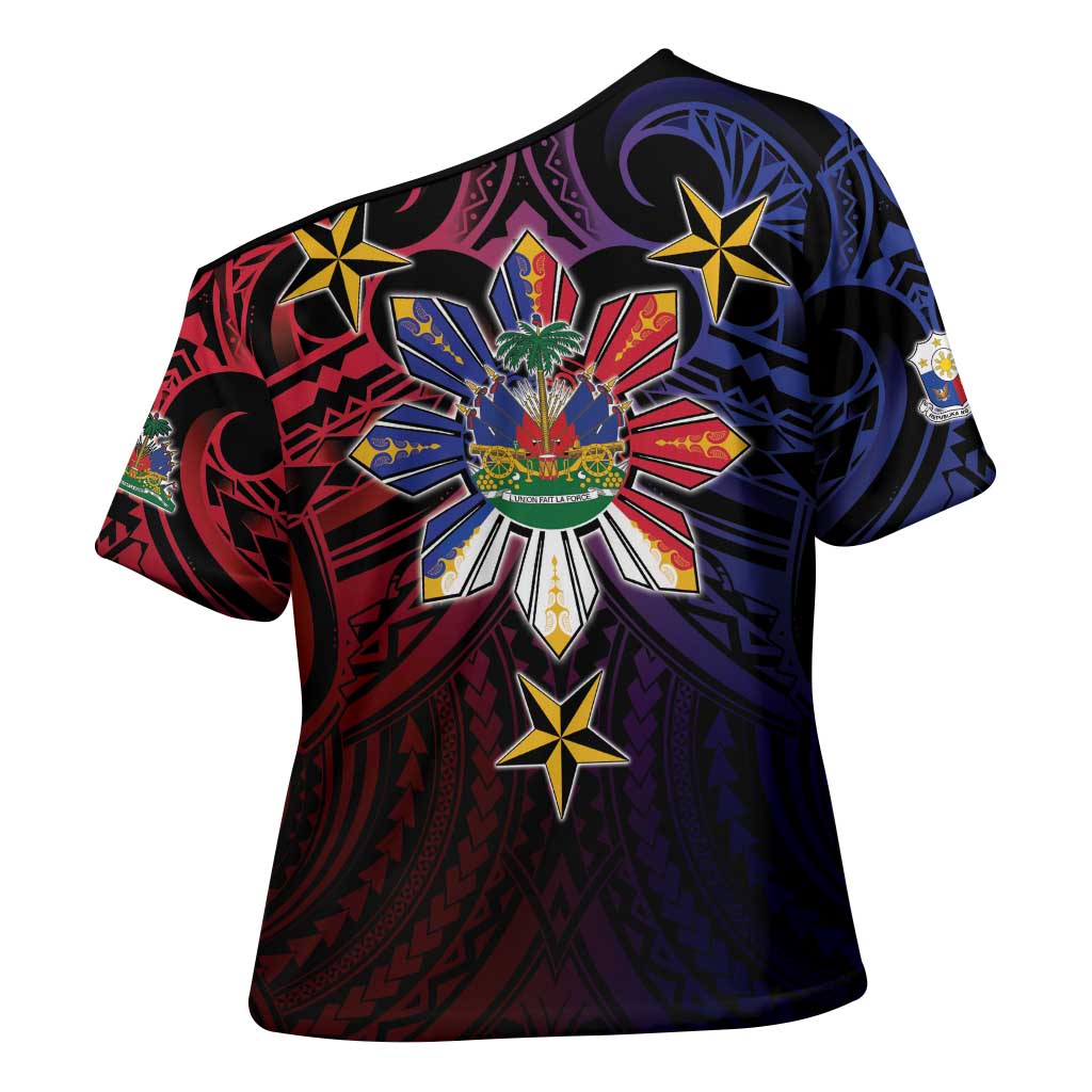 Haiti Philippines Cross Shoulder Shirt Haitian Coat Of Arms With Filipino Sun LT05 - Polynesian Pride