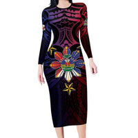 Haiti Philippines Family Matching Long Sleeve Bodycon Dress and Hawaiian Shirt Haitian Coat Of Arms With Filipino Sun LT05 Mom's Dress Black - Polynesian Pride