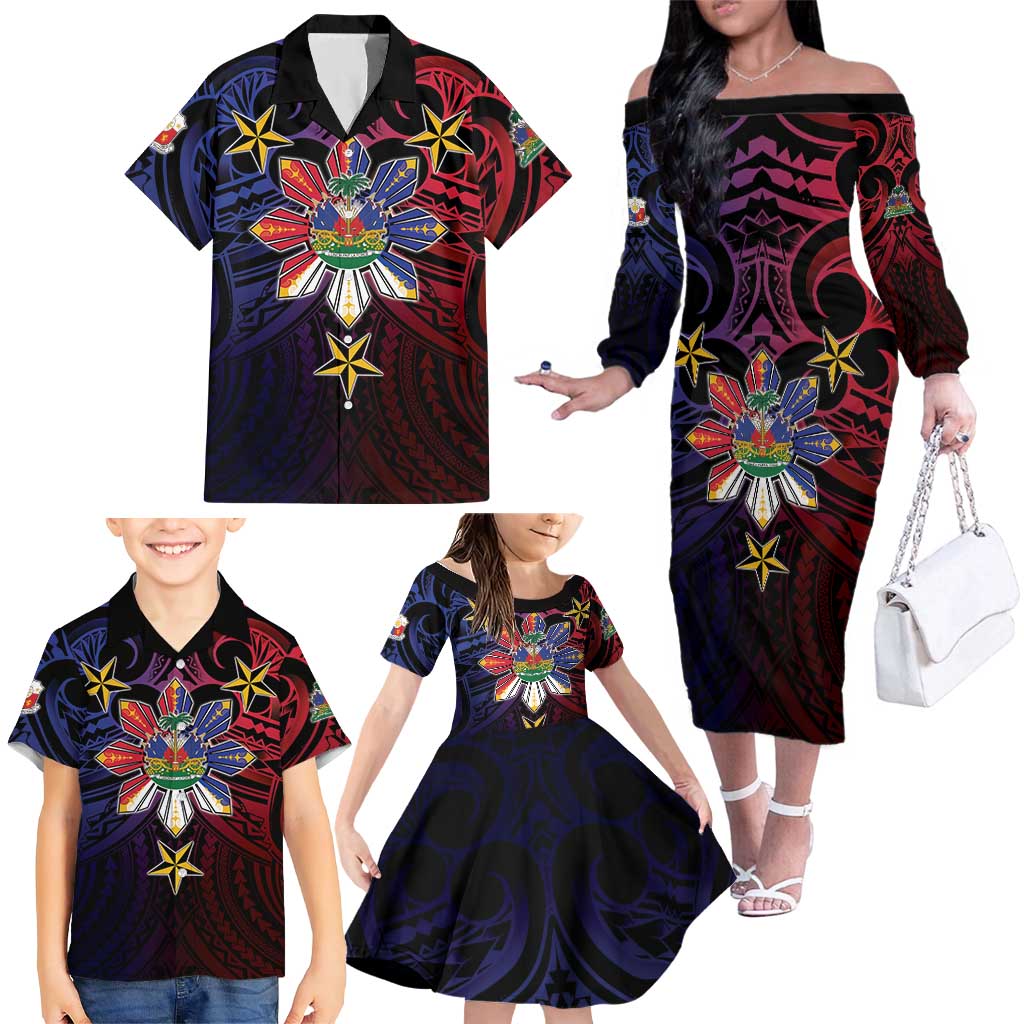 Haiti Philippines Family Matching Off The Shoulder Long Sleeve Dress and Hawaiian Shirt Haitian Coat Of Arms With Filipino Sun LT05 - Polynesian Pride