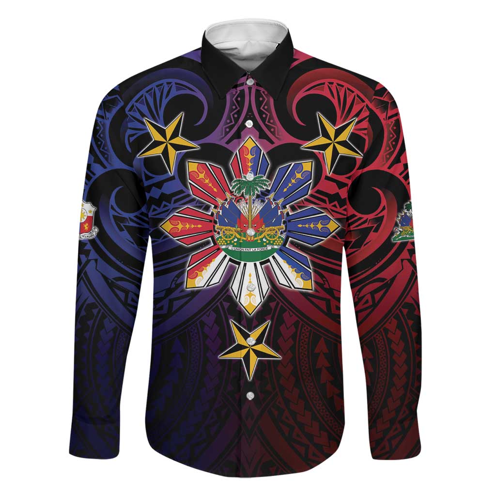 Haiti Philippines Family Matching Off The Shoulder Long Sleeve Dress and Hawaiian Shirt Haitian Coat Of Arms With Filipino Sun LT05 Dad's Shirt - Long Sleeve Black - Polynesian Pride