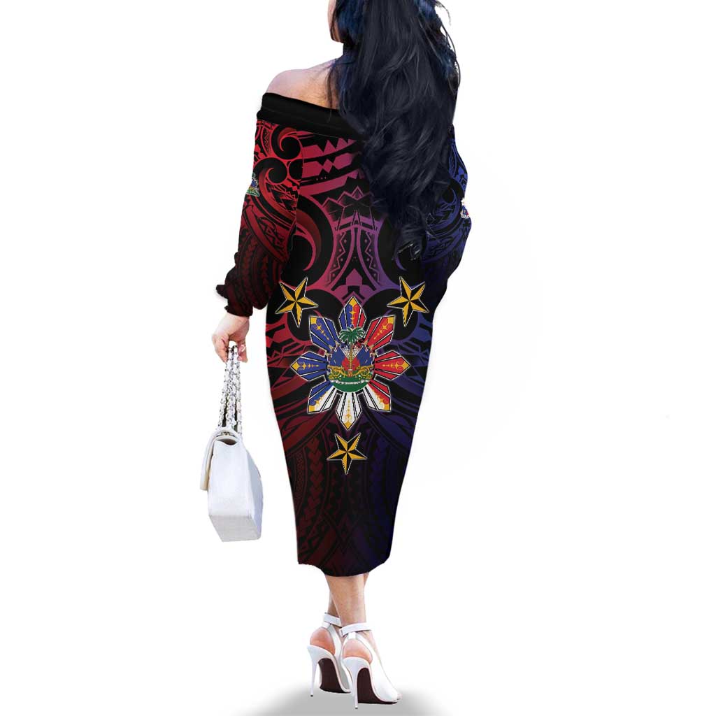 Haiti Philippines Family Matching Off The Shoulder Long Sleeve Dress and Hawaiian Shirt Haitian Coat Of Arms With Filipino Sun LT05 - Polynesian Pride