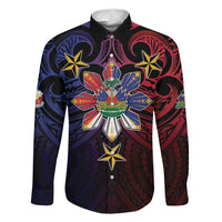 Haiti Philippines Family Matching Off Shoulder Maxi Dress and Hawaiian Shirt Haitian Coat Of Arms With Filipino Sun LT05 Dad's Shirt - Long Sleeve Black - Polynesian Pride