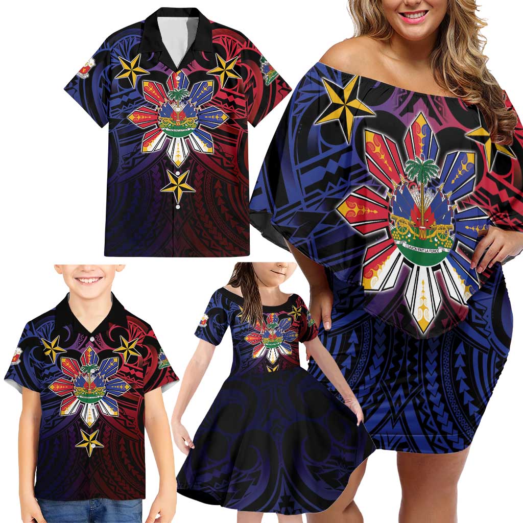 Haiti Philippines Family Matching Off Shoulder Short Dress and Hawaiian Shirt Haitian Coat Of Arms With Filipino Sun LT05 - Polynesian Pride