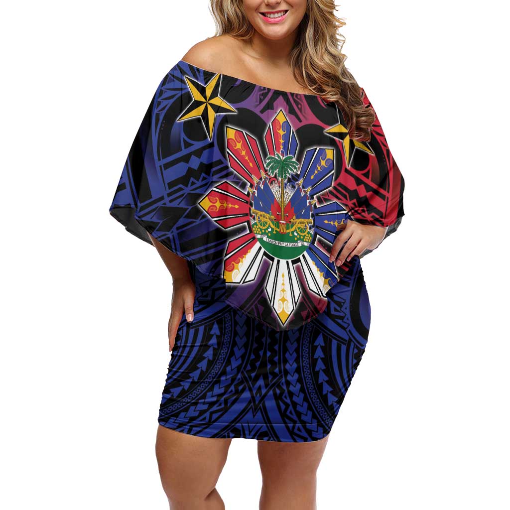 Haiti Philippines Family Matching Off Shoulder Short Dress and Hawaiian Shirt Haitian Coat Of Arms With Filipino Sun LT05 Mom's Dress Black - Polynesian Pride