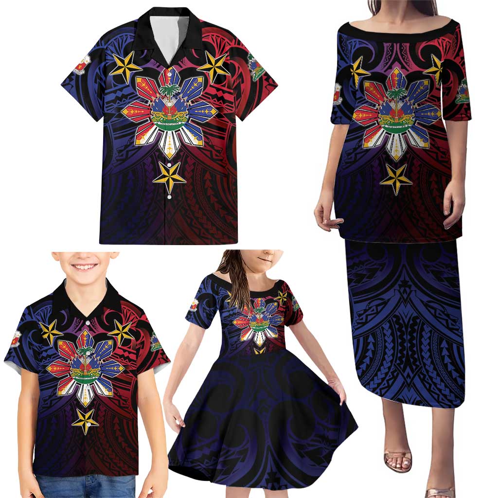 Haiti Philippines Family Matching Puletasi and Hawaiian Shirt Haitian Coat Of Arms With Filipino Sun LT05 - Polynesian Pride