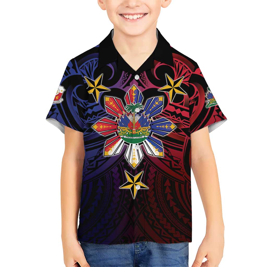 Haiti Philippines Family Matching Puletasi and Hawaiian Shirt Haitian Coat Of Arms With Filipino Sun LT05 Son's Shirt Black - Polynesian Pride