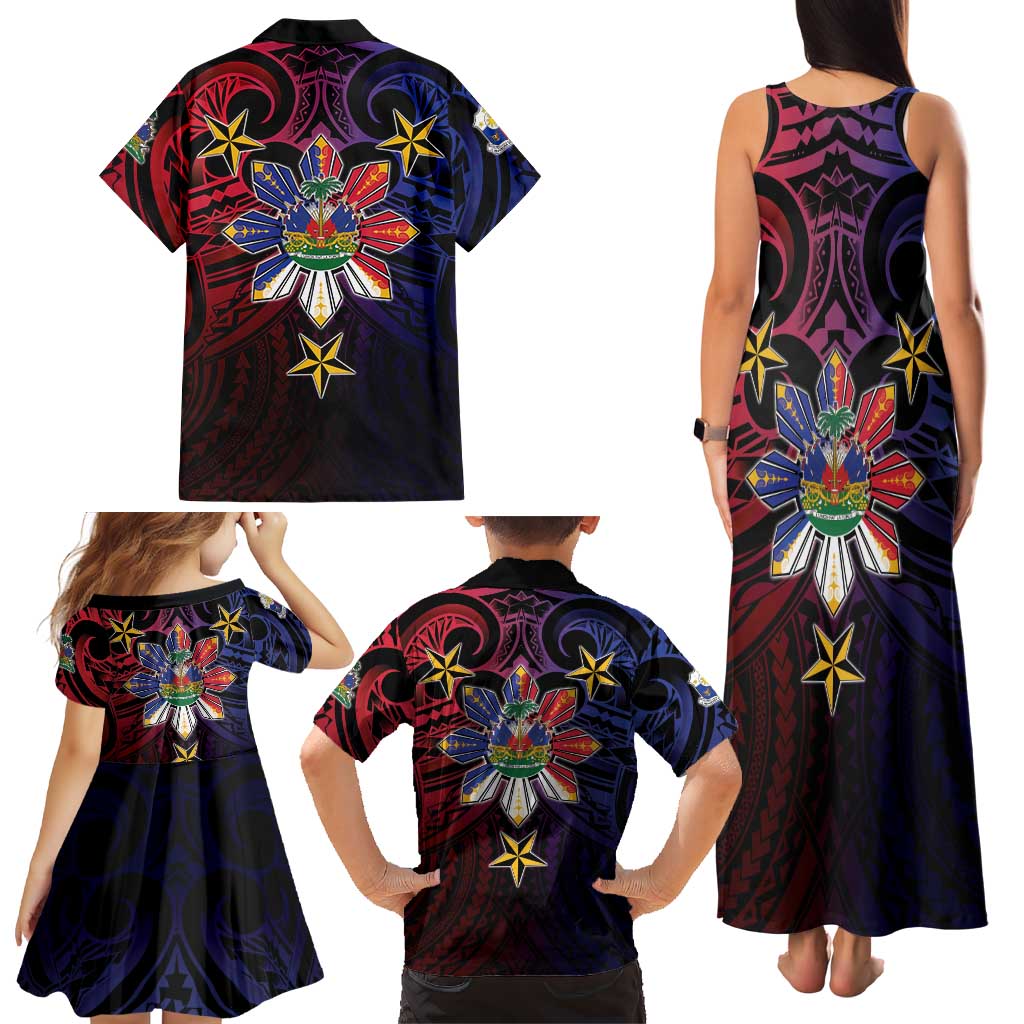 Haiti Philippines Family Matching Tank Maxi Dress and Hawaiian Shirt Haitian Coat Of Arms With Filipino Sun LT05 - Polynesian Pride