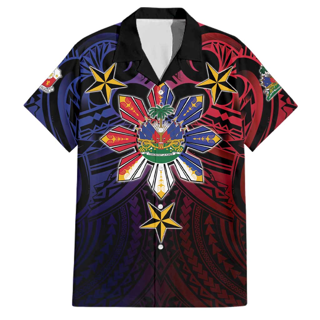 Haiti Philippines Family Matching Tank Maxi Dress and Hawaiian Shirt Haitian Coat Of Arms With Filipino Sun LT05 Dad's Shirt - Short Sleeve Black - Polynesian Pride