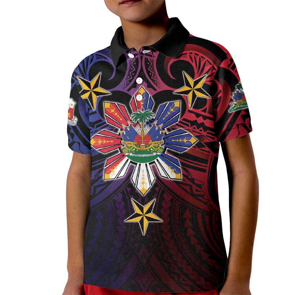 Haiti Philippines Kid Polo Shirt Haitian Coat Of Arms With Filipino Sun LT05 Kid Black - Polynesian Pride