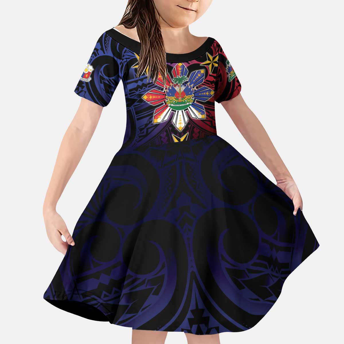 Haiti Philippines Kid Short Sleeve Dress Haitian Coat Of Arms With Filipino Sun LT05 KID Black - Polynesian Pride