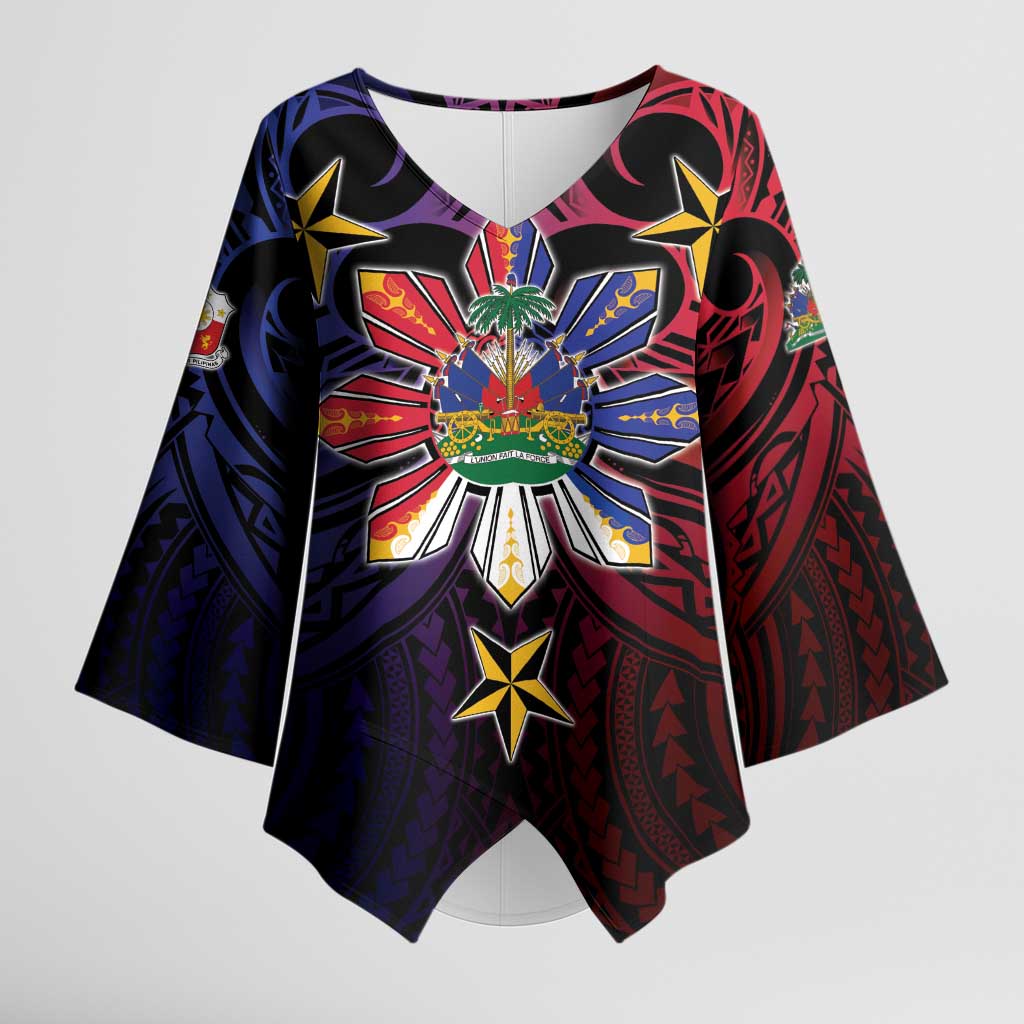 Haiti Philippines Kimono Sleeve Blouse Haitian Coat Of Arms With Filipino Sun LT05 Female Black - Polynesian Pride