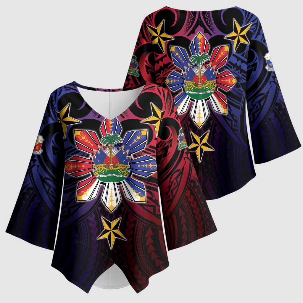 Haiti Philippines Kimono Sleeve Blouse Haitian Coat Of Arms With Filipino Sun LT05 - Polynesian Pride