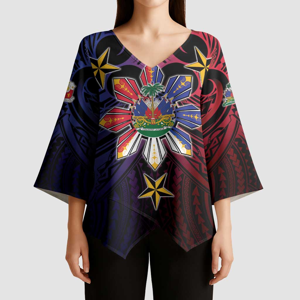 Haiti Philippines Kimono Sleeve Blouse Haitian Coat Of Arms With Filipino Sun LT05 - Polynesian Pride
