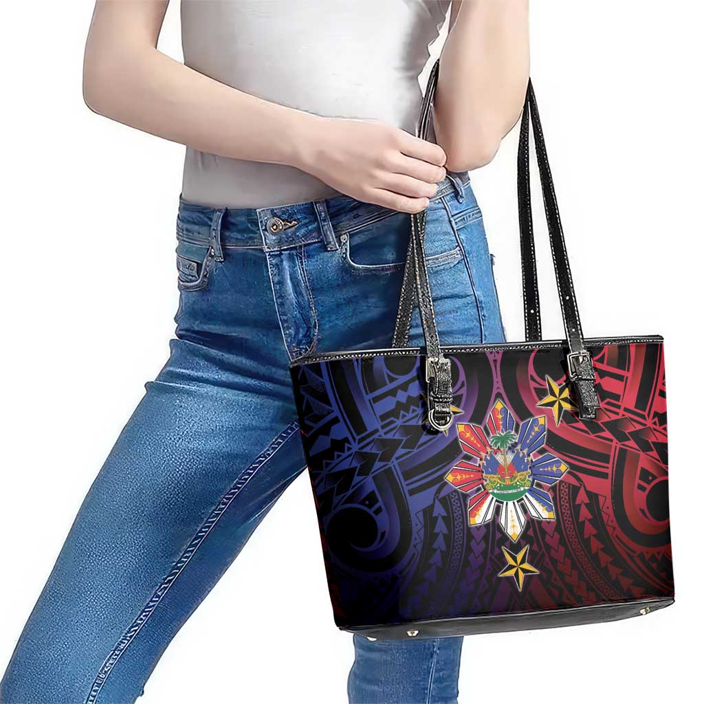Haiti Philippines Leather Tote Bag Haitian Coat Of Arms With Filipino Sun LT05 - Polynesian Pride