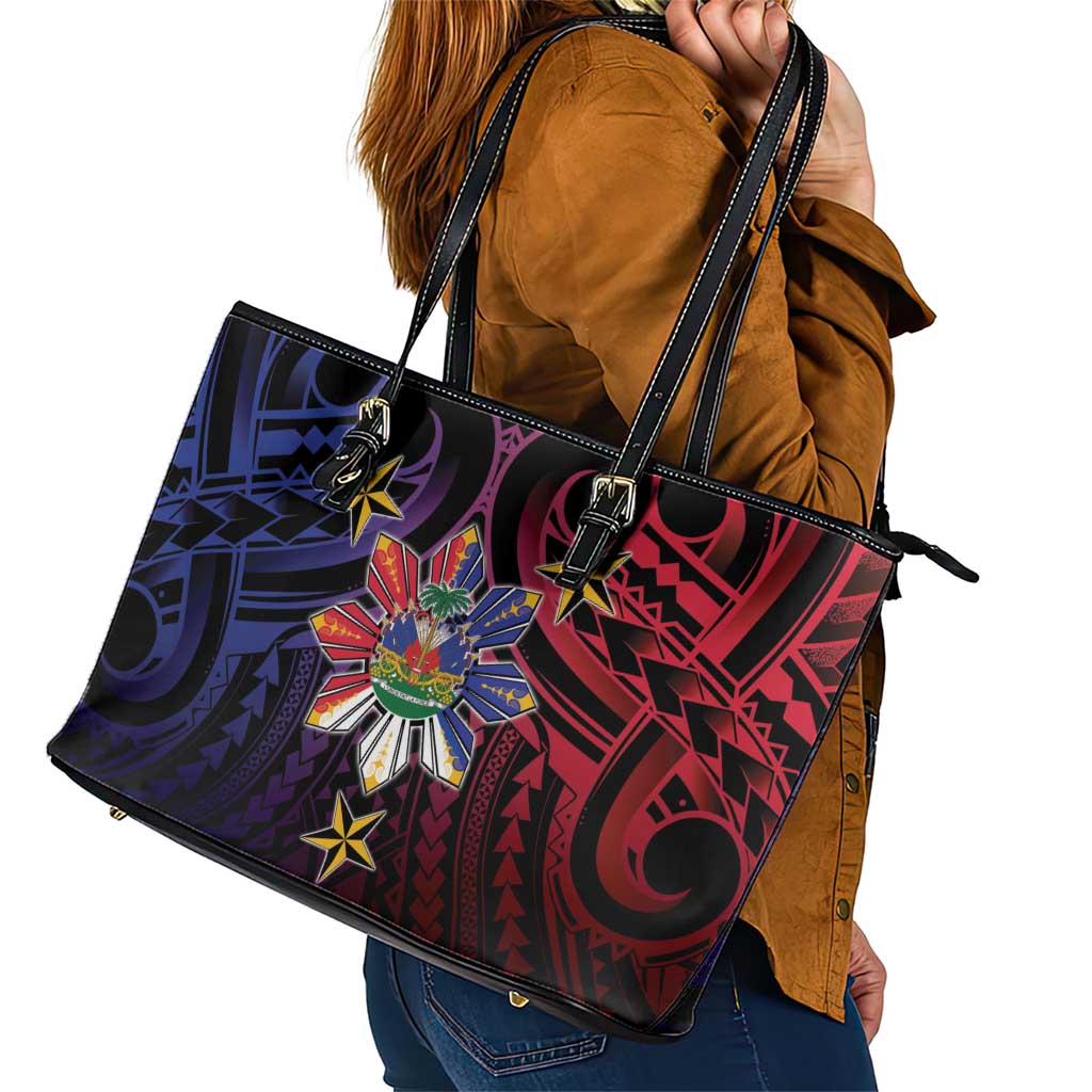 Haiti Philippines Leather Tote Bag Haitian Coat Of Arms With Filipino Sun LT05 - Polynesian Pride