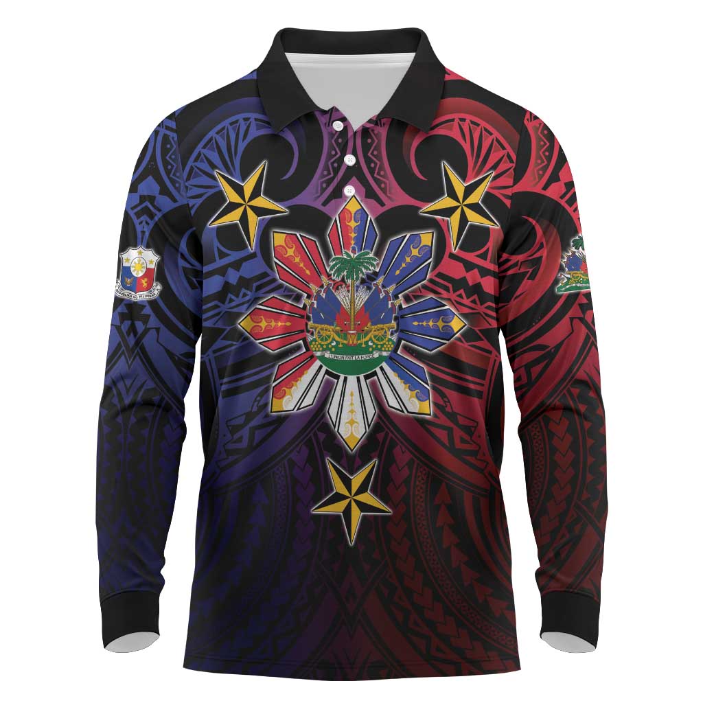 Haiti Philippines Long Sleeve Polo Shirt Haitian Coat Of Arms With Filipino Sun LT05 Black - Polynesian Pride