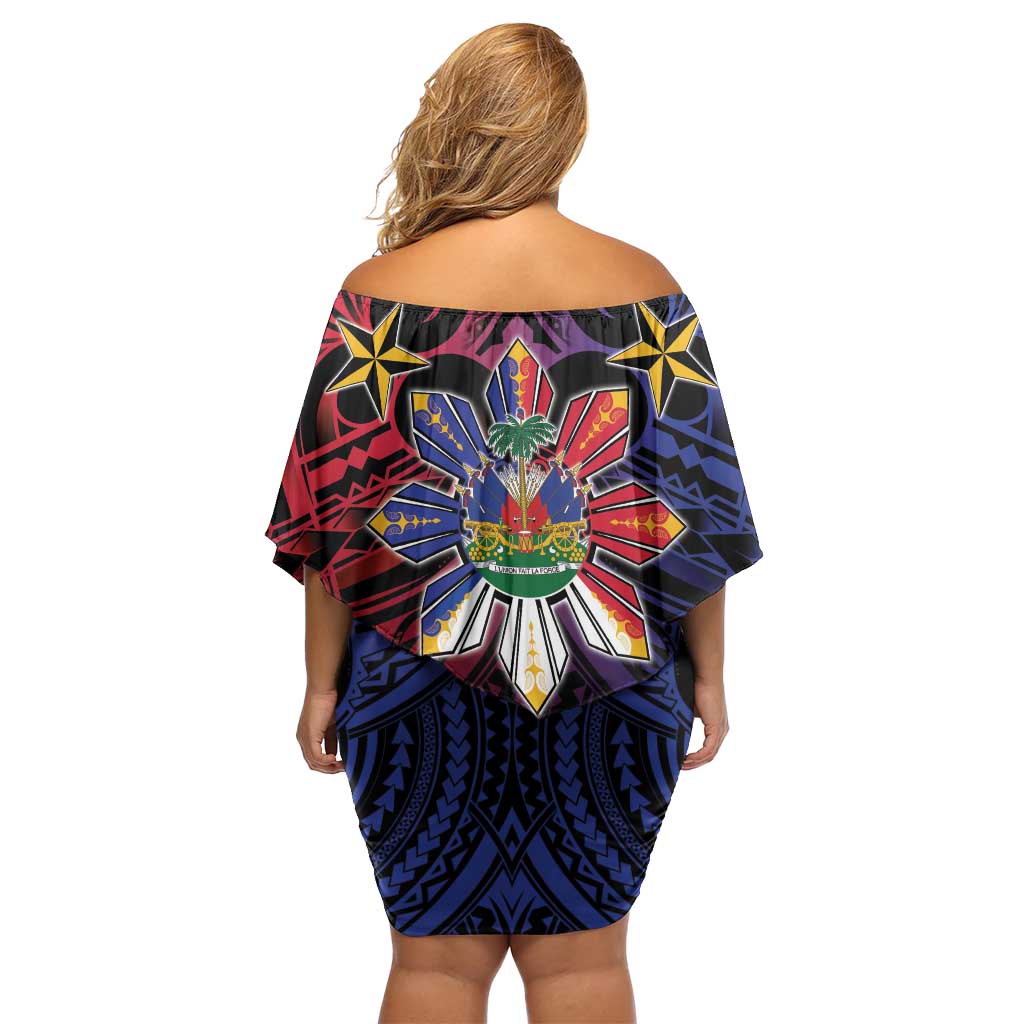 Haiti Philippines Off Shoulder Short Dress Haitian Coat Of Arms With Filipino Sun