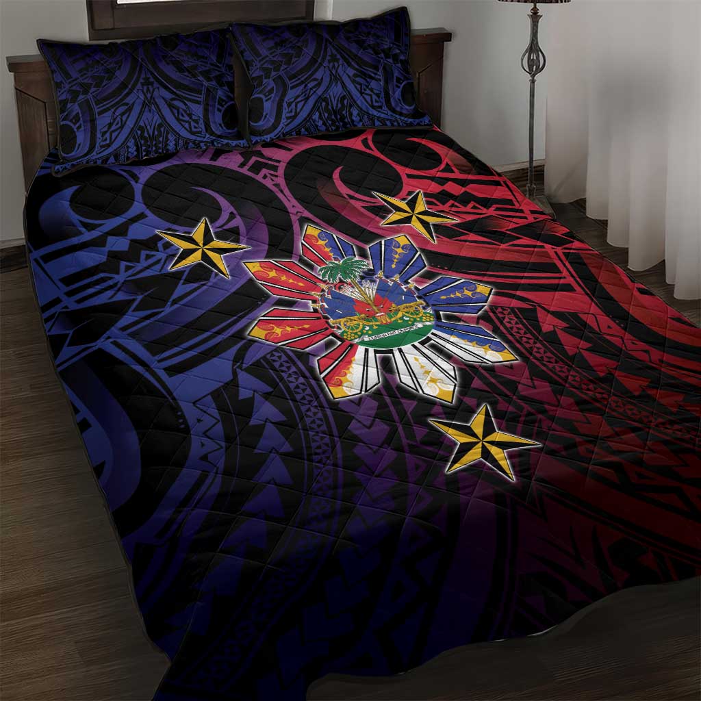 Haiti Philippines Quilt Bed Set Haitian Coat Of Arms With Filipino Sun LT05 Black - Polynesian Pride