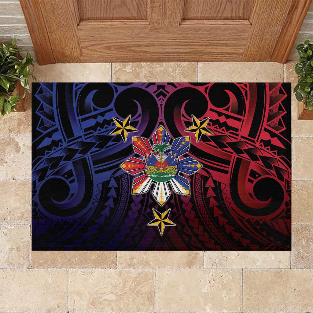 Haiti Philippines Rubber Doormat Haitian Coat Of Arms With Filipino Sun LT05 Black - Polynesian Pride