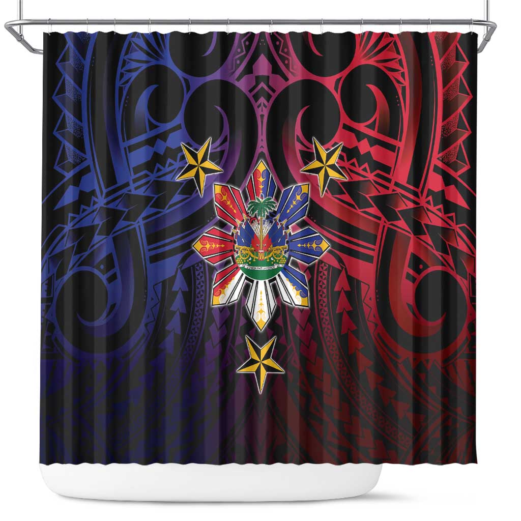 Haiti Philippines Shower Curtain Haitian Coat Of Arms With Filipino Sun LT05 Black - Polynesian Pride