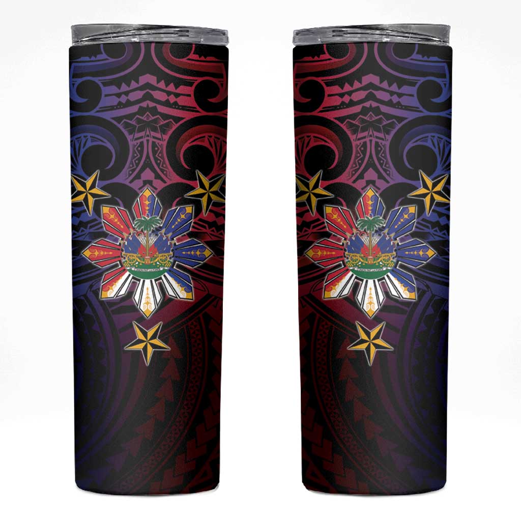 Haiti Philippines Skinny Tumbler Haitian Coat Of Arms With Filipino Sun LT05 Black - Polynesian Pride