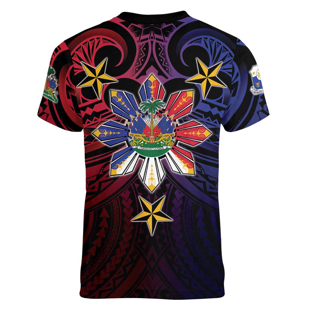 Haiti Philippines Women V-Neck T-Shirt Haitian Coat Of Arms With Filipino Sun LT05 - Polynesian Pride
