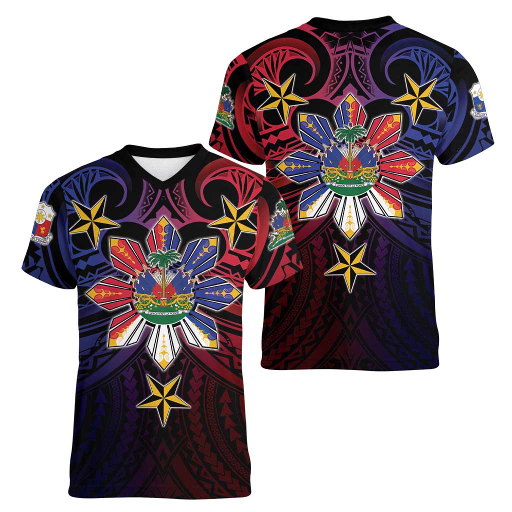 Haiti Philippines Women V-Neck T-Shirt Haitian Coat Of Arms With Filipino Sun LT05 - Polynesian Pride