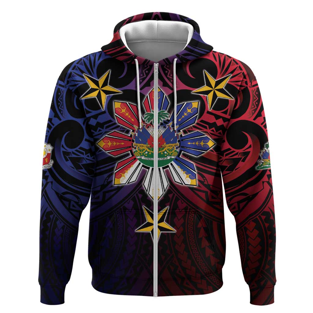 Haiti Philippines Zip Hoodie Haitian Coat Of Arms With Filipino Sun LT05 Zip Hoodie Black - Polynesian Pride
