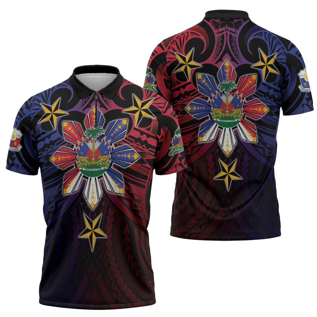 Haiti Philippines Zipper Polo Shirt Haitian Coat Of Arms With Filipino Sun LT05 - Polynesian Pride