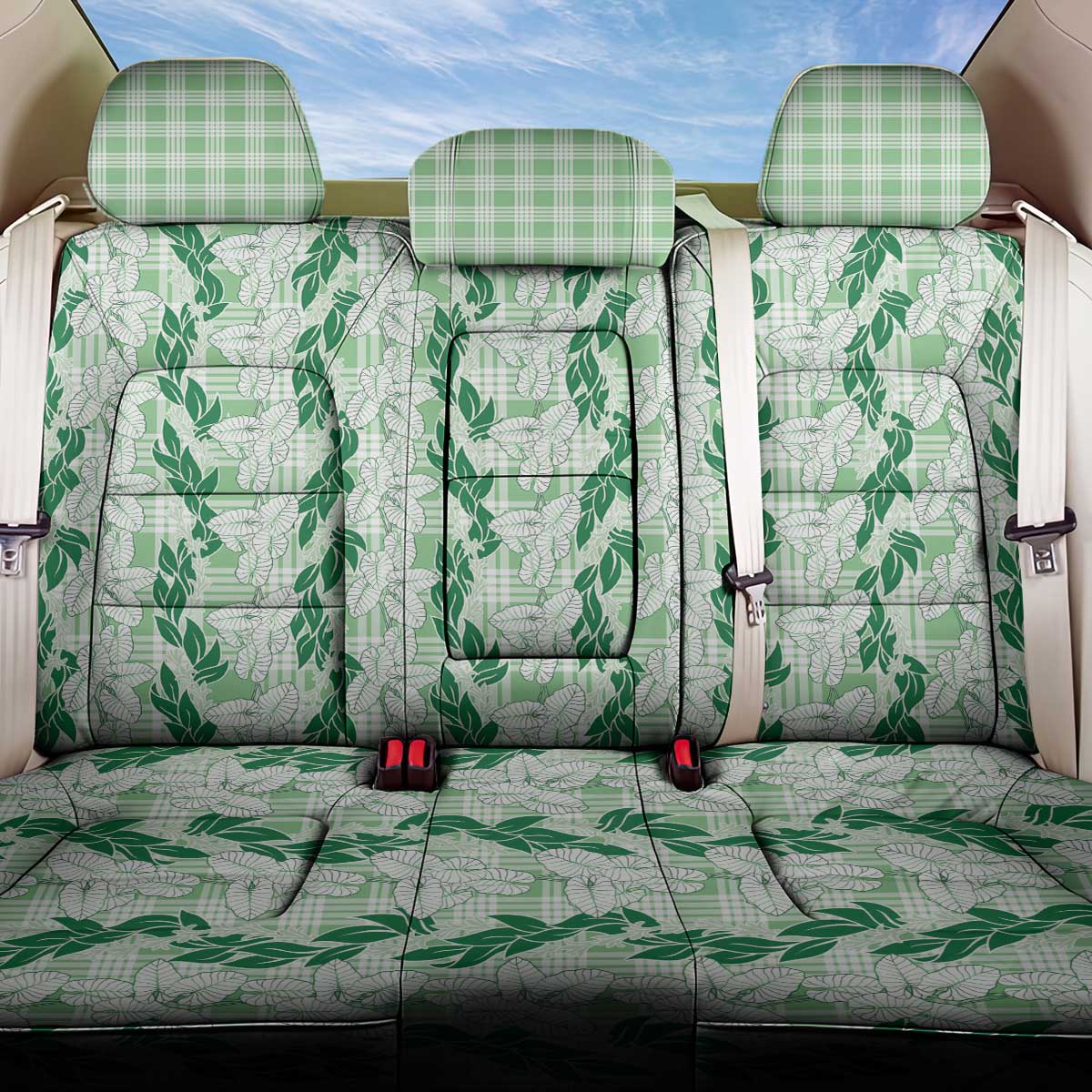 Hawaii Ti Leaf Maile Tuberose Lei Back Car Seat Cover With Hanalei Leaf Green LT05 One Size Green - Polynesian Pride