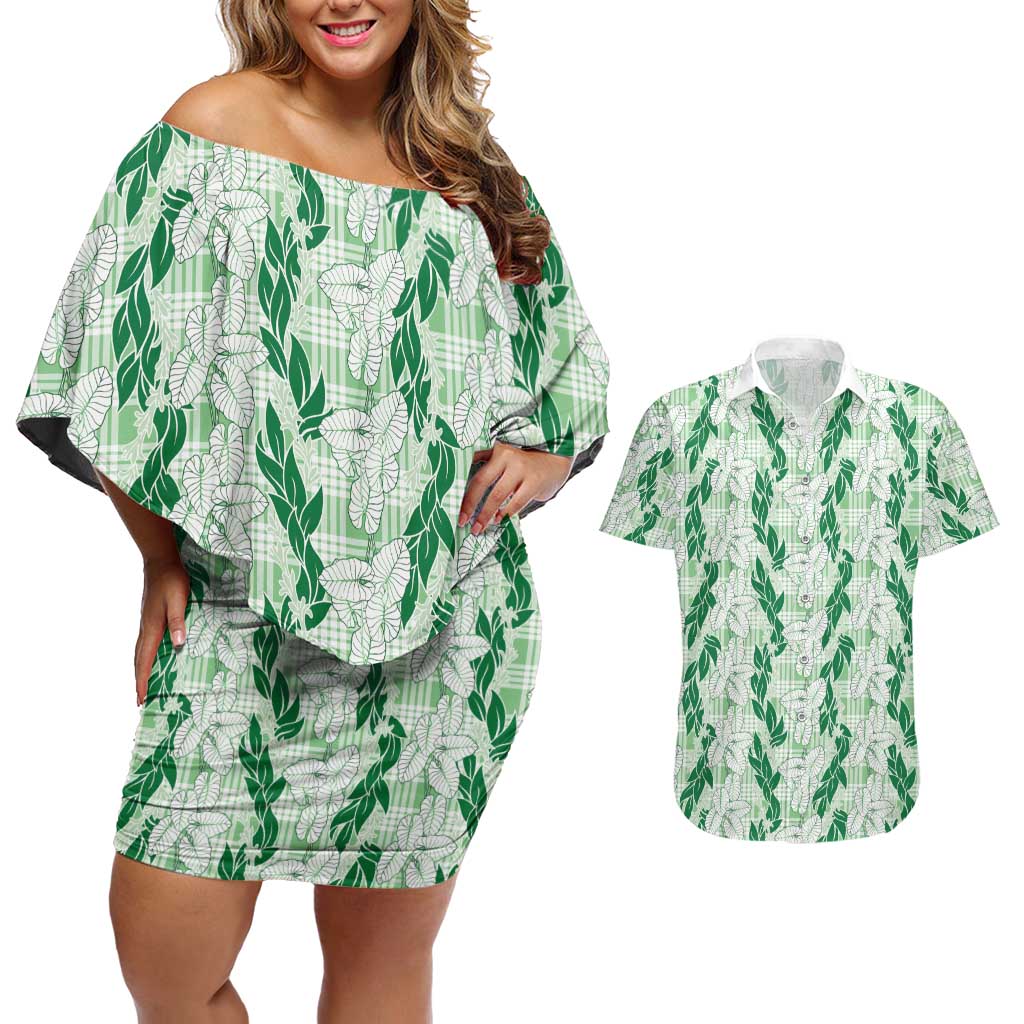 Hawaii Ti Leaf Maile Tuberose Lei Couples Matching Off Shoulder Short Dress and Hawaiian Shirt With Hanalei Leaf Green LT05 Green - Polynesian Pride