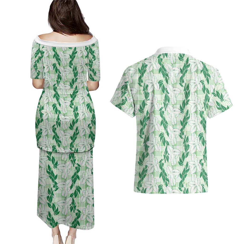 Hawaii Ti Leaf Maile Tuberose Lei Couples Matching Puletasi and Hawaiian Shirt With Hanalei Leaf Green LT05 - Polynesian Pride