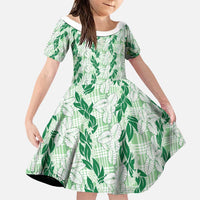 Hawaii Ti Leaf Maile Tuberose Lei Family Matching Long Sleeve Bodycon Dress and Hawaiian Shirt With Hanalei Leaf Green LT05 Daughter's Dress Green - Polynesian Pride