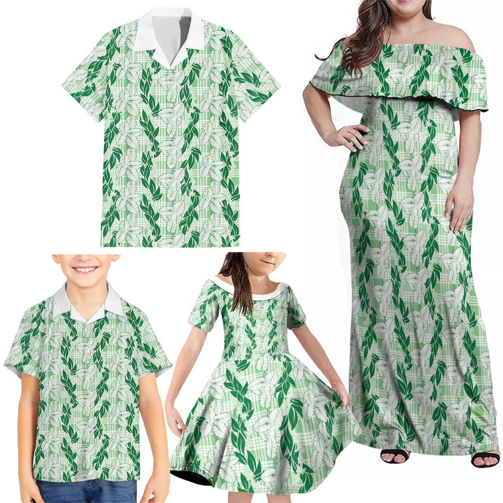 Hawaii Ti Leaf Maile Tuberose Lei Family Matching Off Shoulder Maxi Dress and Hawaiian Shirt With Hanalei Leaf Green