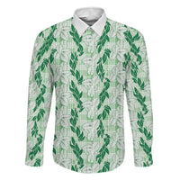Hawaii Ti Leaf Maile Tuberose Lei Family Matching Off Shoulder Short Dress and Hawaiian Shirt With Hanalei Leaf Green LT05 Dad's Shirt - Long Sleeve Green - Polynesian Pride