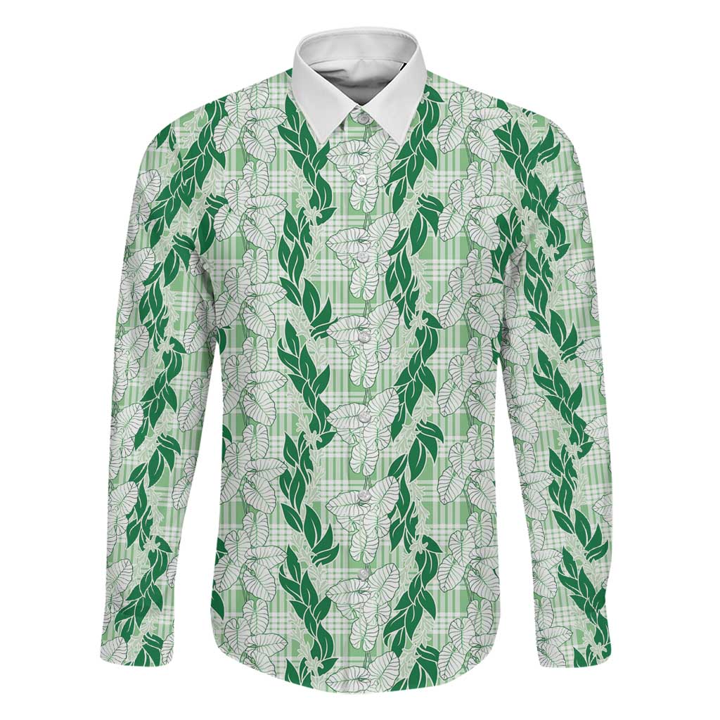 Hawaii Ti Leaf Maile Tuberose Lei Family Matching Summer Maxi Dress and Hawaiian Shirt With Hanalei Leaf Green LT05 Dad's Shirt - Long Sleeve Green - Polynesian Pride