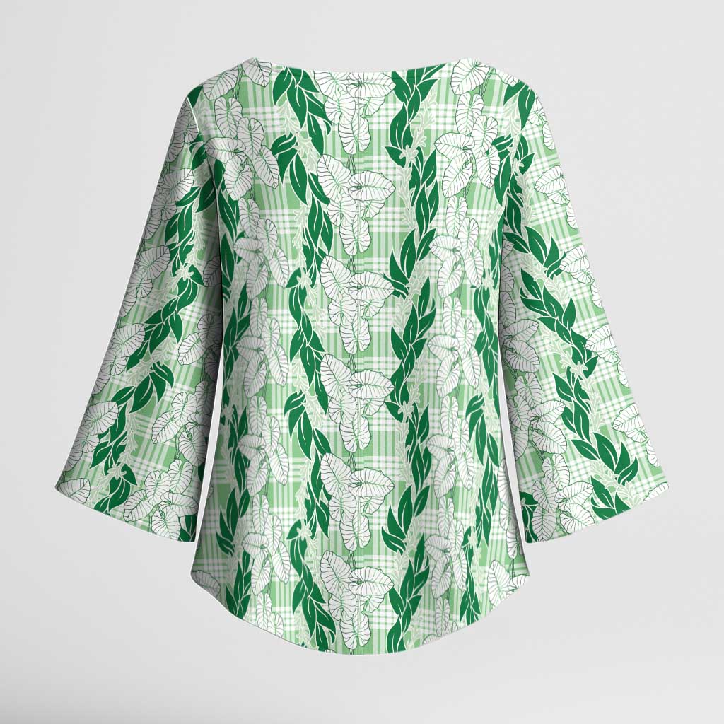 Hawaii Ti Leaf Maile Tuberose Lei Kimono Sleeve Blouse With Hanalei Leaf Green LT05 - Polynesian Pride