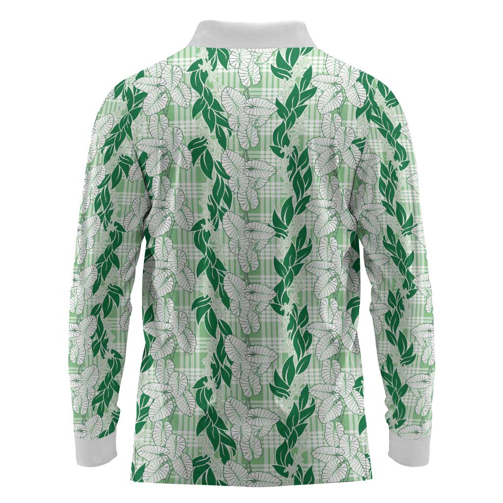 Hawaii Ti Leaf Maile Tuberose Lei Long Sleeve Polo Shirt With Hanalei Leaf Green LT05 - Polynesian Pride