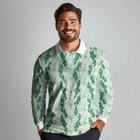 Hawaii Ti Leaf Maile Tuberose Lei Long Sleeve Polo Shirt With Hanalei Leaf Green LT05 - Polynesian Pride