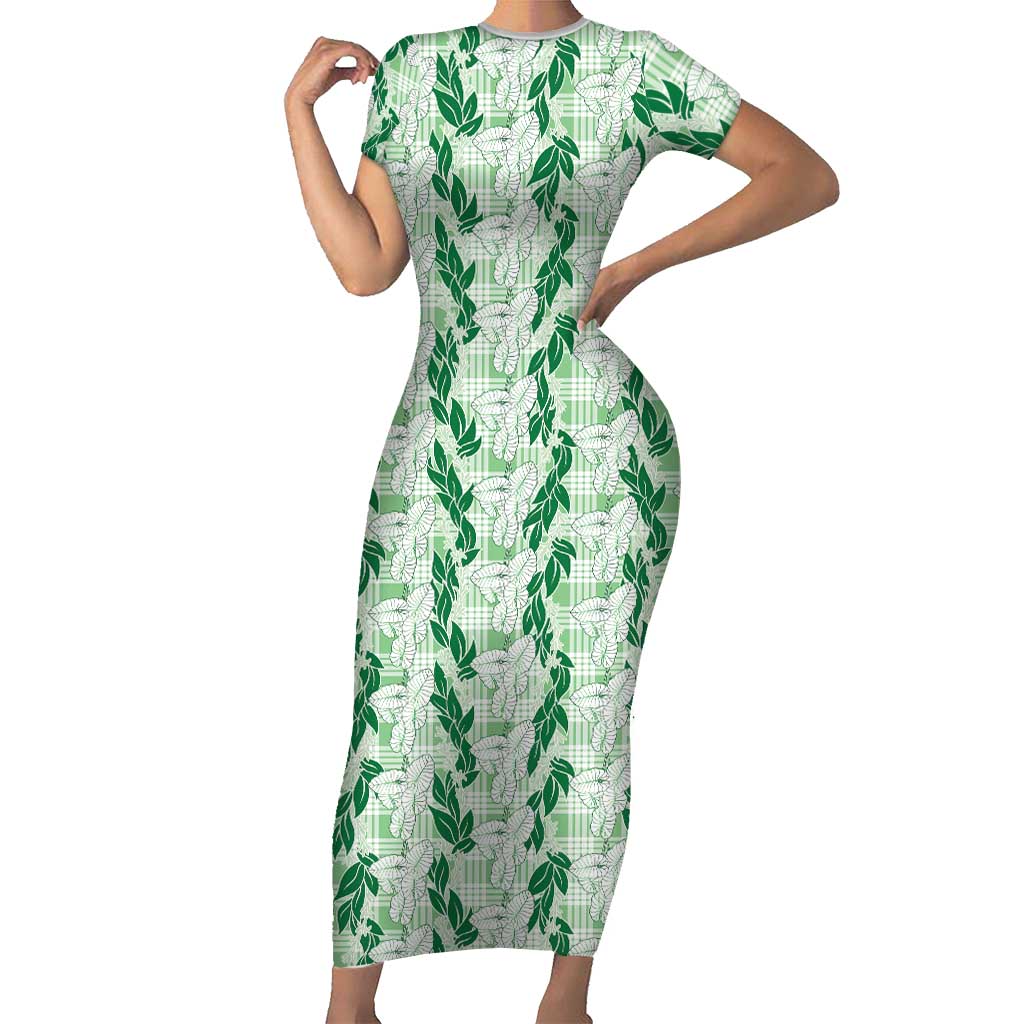 Hawaii Ti Leaf Maile Tuberose Lei Short Sleeve Bodycon Dress With Hanalei Leaf Green LT05 Long Dress Green - Polynesian Pride