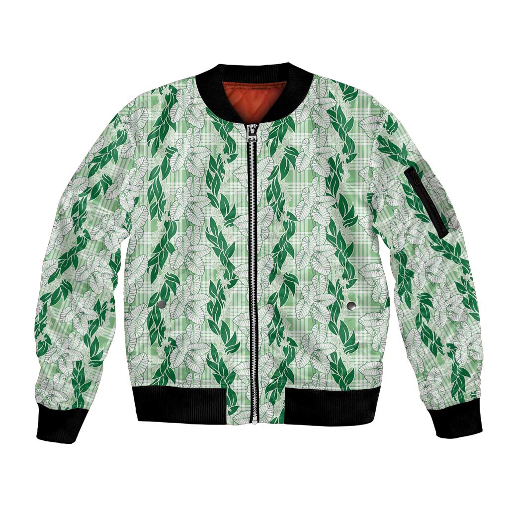 Hawaii Ti Leaf Maile Tuberose Lei Sleeve Zip Bomber Jacket With Hanalei Leaf Green LT05 Unisex Green - Polynesian Pride