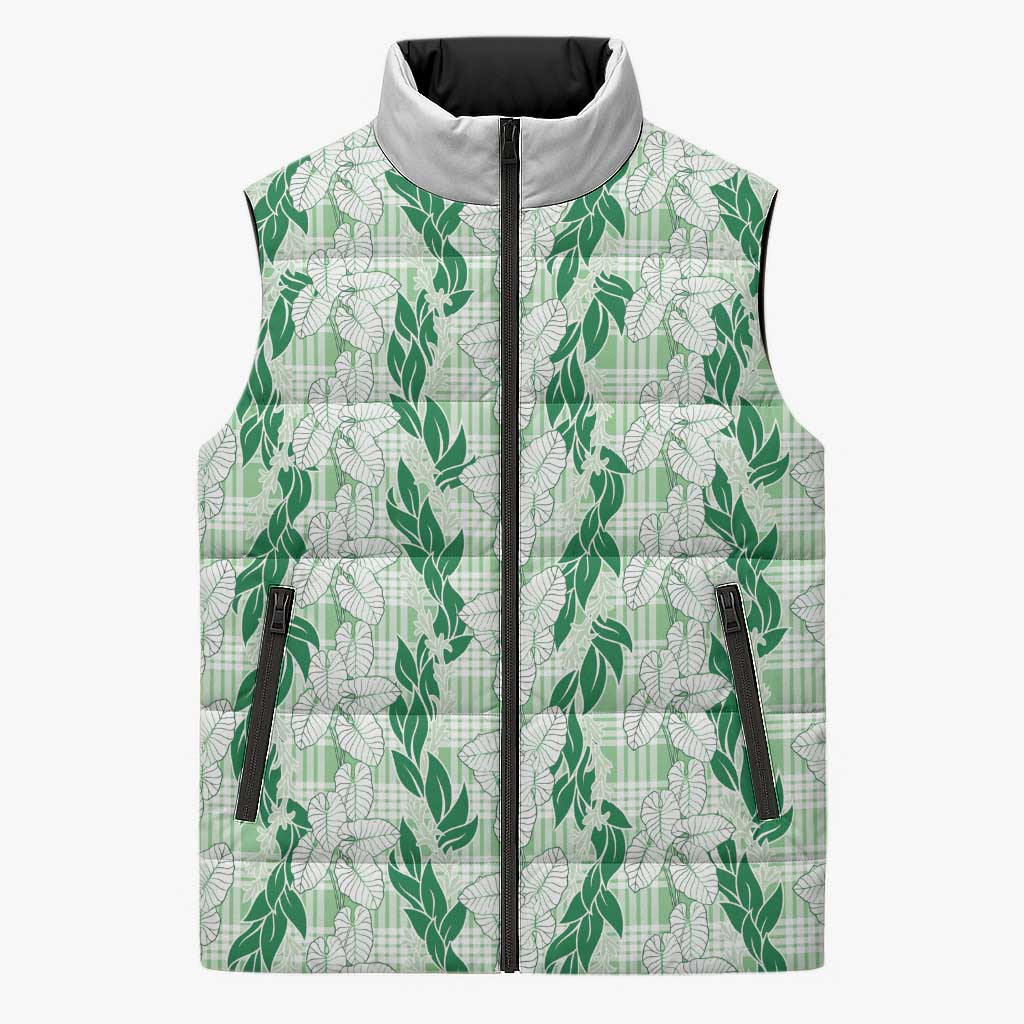 Hawaii Ti Leaf Maile Tuberose Lei Sleeveless Puffer Jacket With Hanalei Leaf Green LT05 Unisex Green - Polynesian Pride