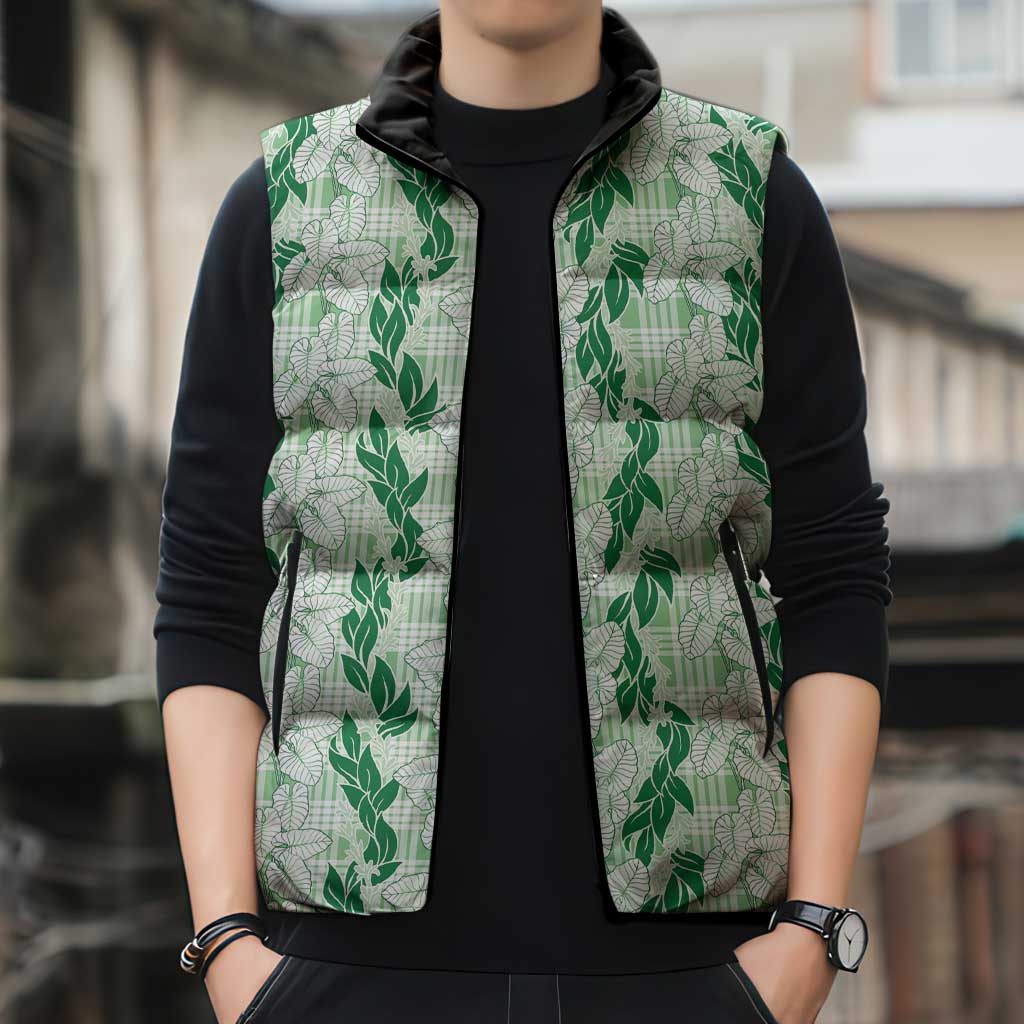 Hawaii Ti Leaf Maile Tuberose Lei Sleeveless Puffer Jacket With Hanalei Leaf Green LT05 - Polynesian Pride