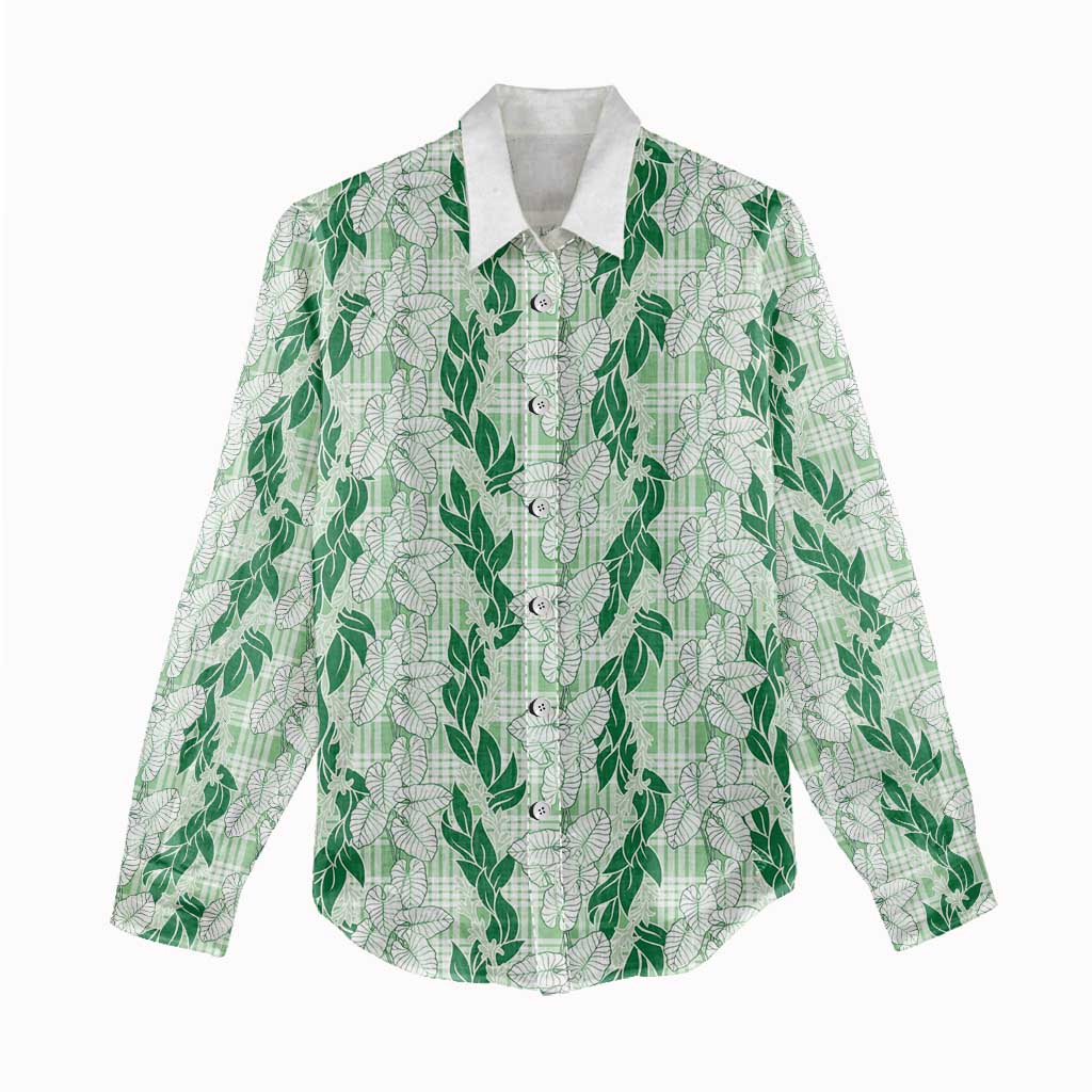 Hawaii Ti Leaf Maile Tuberose Lei Women Casual Shirt With Hanalei Leaf Green LT05 - Polynesian Pride